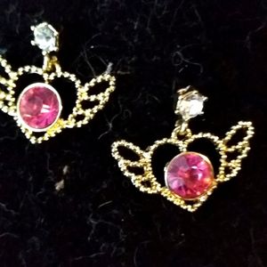 Heart with Wings and Pink Crystal Center CZ Stud Post Earrings